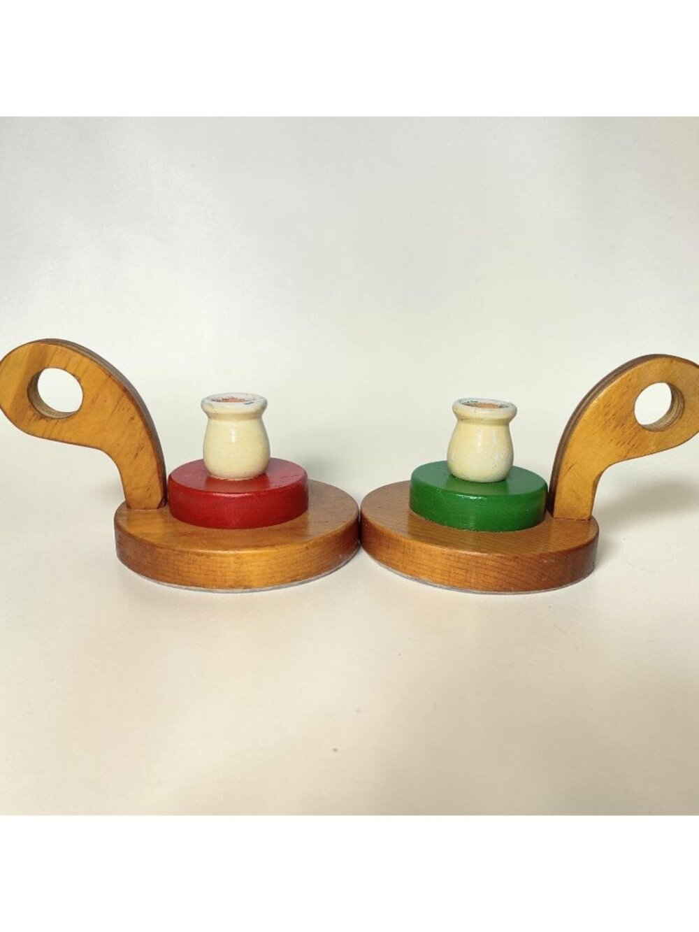 Vintage Handmade Wood Colonial Style Candlestick Holders Finger Loop Christmas
